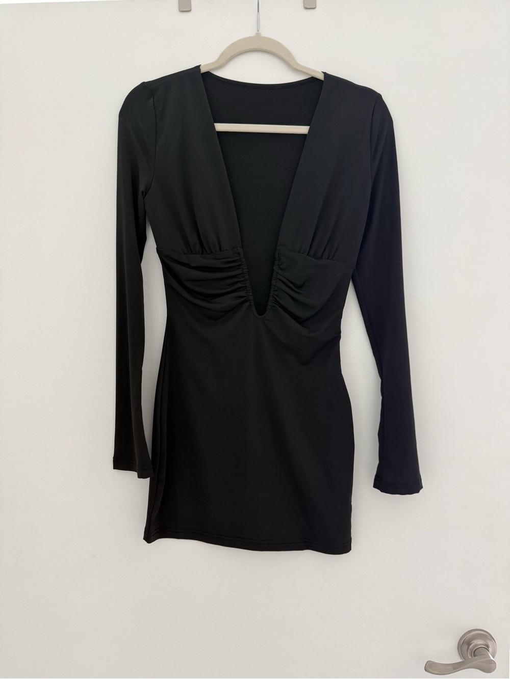 Plunging V-Neck Long Sleeve Little Black Dress